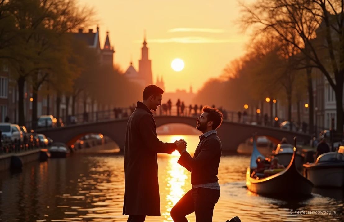 Een romantische scène van een huwelijksaanzoek op een gracht in Amsterdam bij zonsondergang, met een gondel en charmante bruggen, zacht gouden licht, zeer gedetailleerd, cinematische belichting.