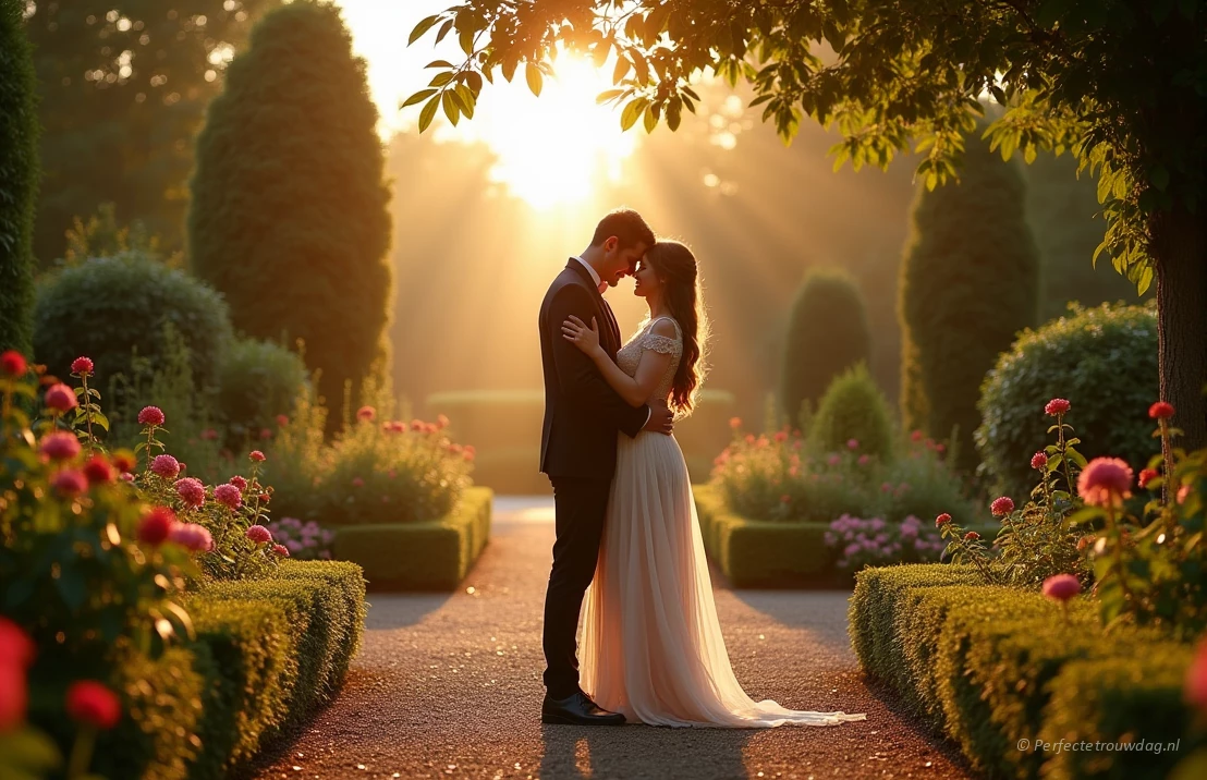 Een sprookjesachtig huwelijksaanzoek op Kasteel de Haar in Nederland, omringd door weelderige tuinen, met een koppel dat elkaar omhelst, warme en uitnodigende sfeer, fotorealistisch.