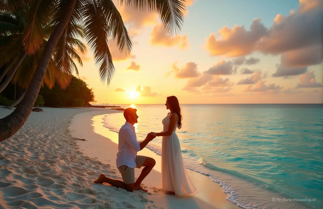 Een exotisch huwelijksaanzoek op een ongerept strand op de Malediven, turquoise water, zonsondergang, koppel gesilhouetteerd, palmbomen, romantisch en dromerig, zeer gedetailleerd.