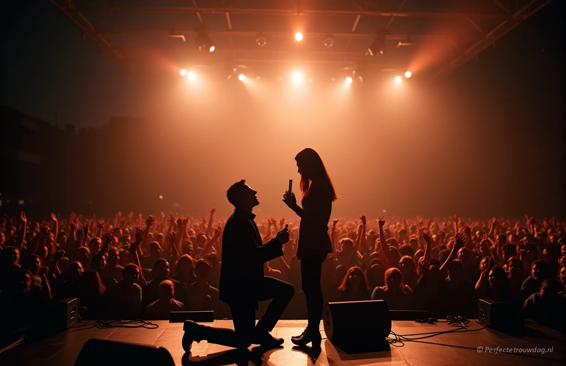 Een romantisch huwelijksaanzoek op het podium tijdens een concert, met een enthousiast publiek en sfeervolle belichting.