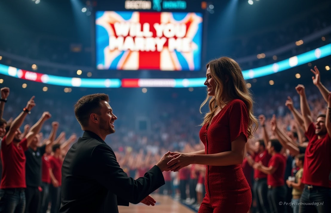 Een verrassend huwelijksaanzoek tijdens een sportwedstrijd, met een boodschap op het scorebord en een feestelijke sfeer.