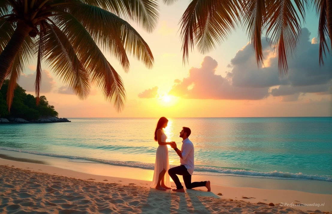 Een exotisch huwelijksaanzoek op een ongerept strand op de Malediven, turquoise water, zonsondergang, koppel gesilhouetteerd, palmbomen, romantisch en dromerig, zeer gedetailleerd.