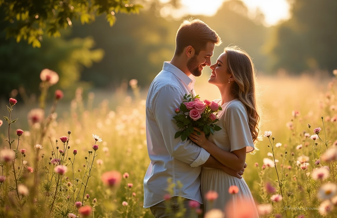 Stel in bloemenveld waarbij de man zojuist een huwelijksaanzoek heeft gedaan met daarbij een bosje roze rozen