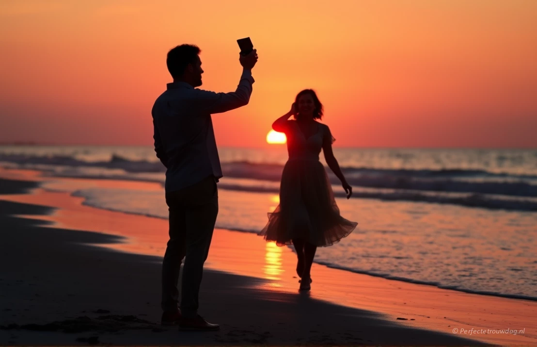 Man laat een ringdoosje zien op het strand waarbij de vrouw op hem af komt lopen uit nieuwsgierigheid