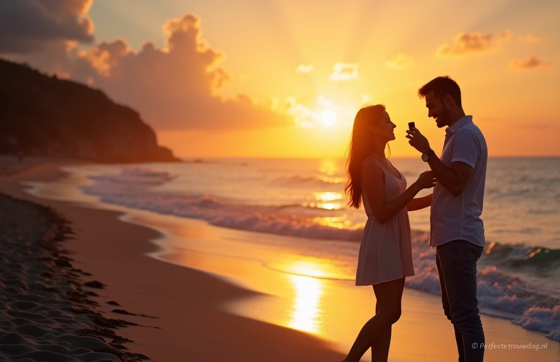 Romantisch stel op het strand waarbij de man een ringdoosje tevoorschijn haalt en een aanzoek gaat doen