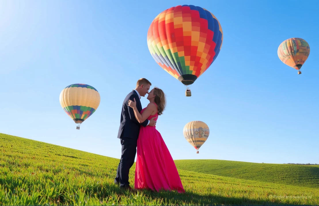 Een verloofd koppel met op de achtergronden verschillende gekleurde luchtballonnen.
