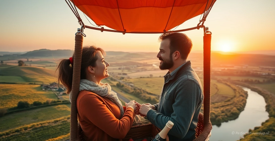 Man en vrouw in een luchtballon vieren samen de liefde met een huwelijksaanzoek op grote hoogte