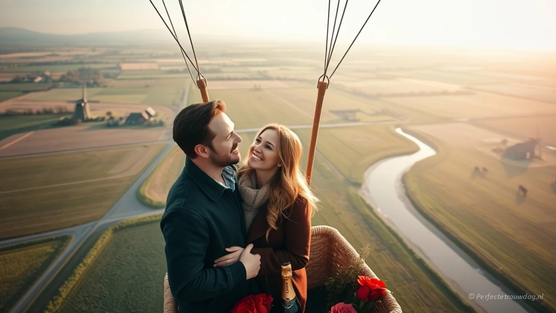 Een stel waarbij de man zojuist een huwelijksaanzoek heeft gedaan in een luchtballon met prachtig uitzicht