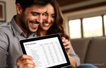 Stel bekijkt samen de begroting en het budget voor hun bruiloft en plannen aan de hand van het budget hun bruiloft.