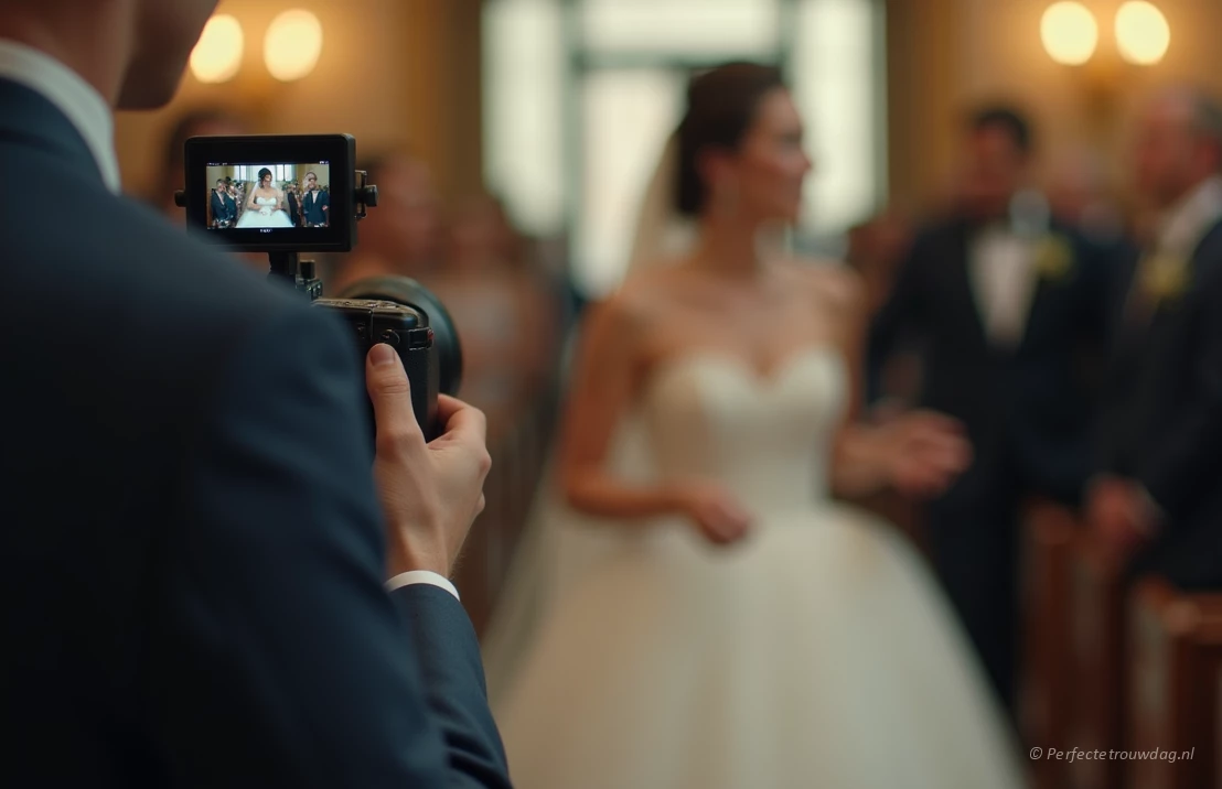 Een trouwvideograaf filmt een bruid die naar het altaar loopt, met een cinematografische sfeer, ondiepe scherptediepte en focus op de emoties van de bruid.
