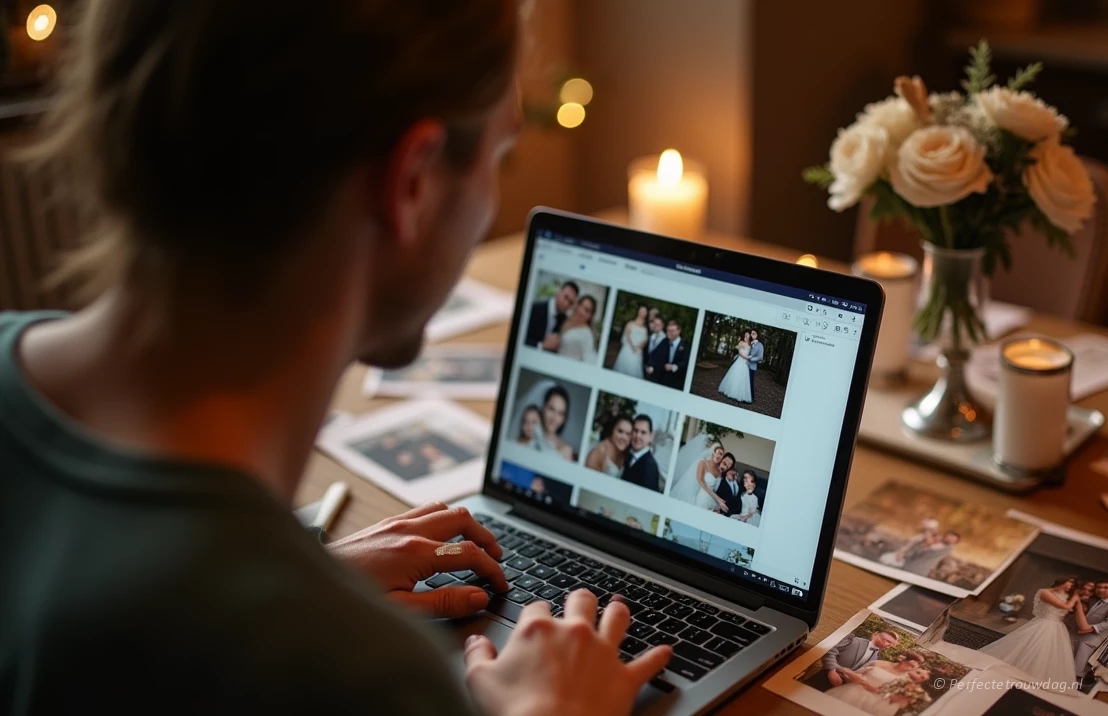Een trouwfotograaf die foto's bekijkt op een laptop, zittend aan een tafel bedekt met trouwherinneringen, warme en uitnodigende verlichting.