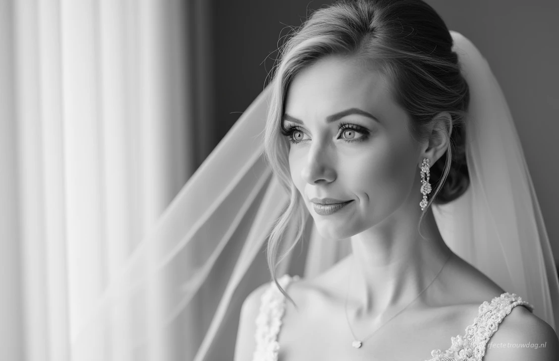Een elegante zwart-wit portretfoto van een bruid, zachte focus, klassieke pose, tijdloze trouwfotografie.