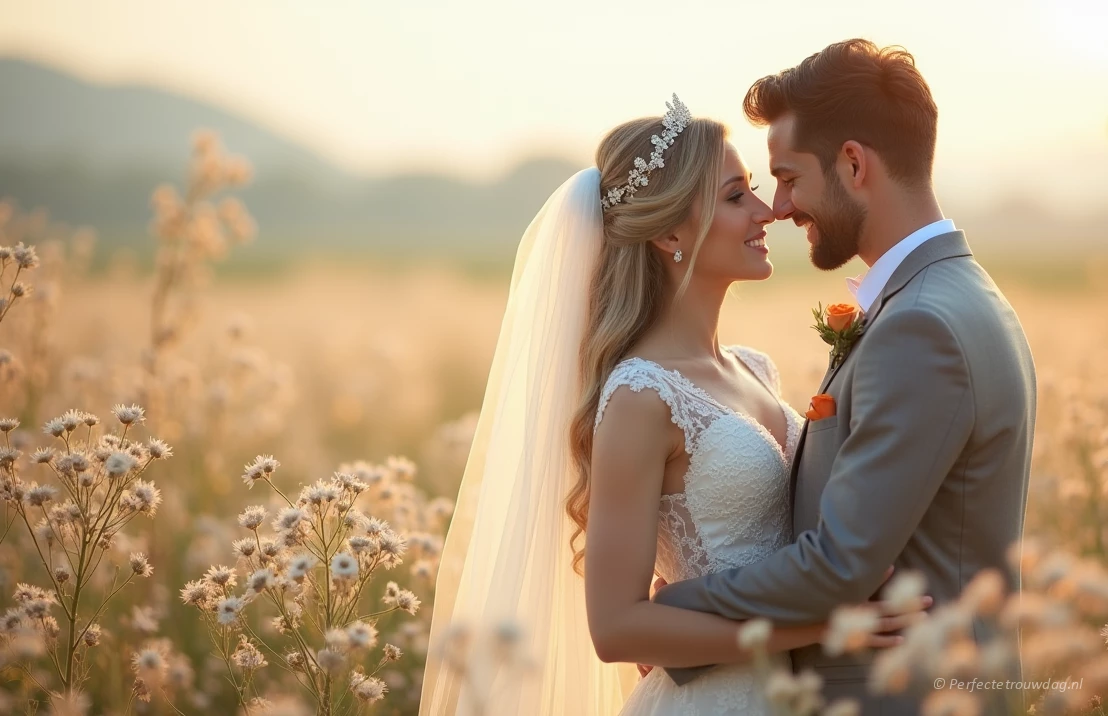Een prachtig geposeerd en artistiek portret van een bruid en bruidegom in een veld met wilde bloemen, fijne kunstfotografie, dromerige en romantische sfeer.