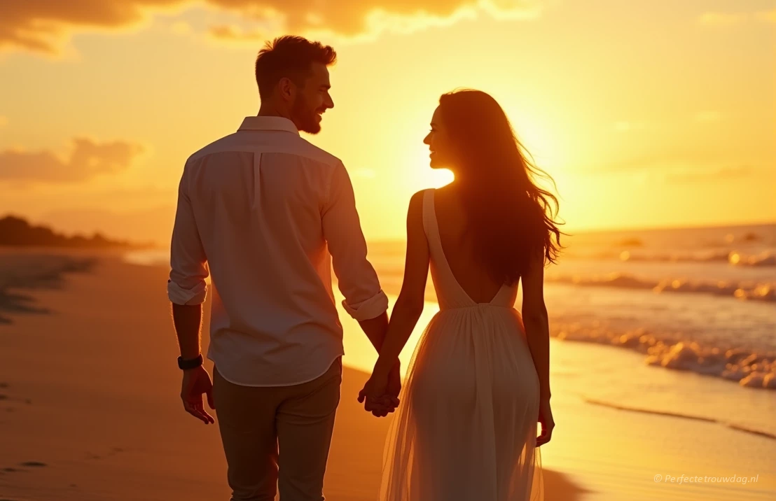 Een romantisch stel wandelt op het strand bij zonsondergang. De man kijkt liefdevol naar de vrouw met een hoopvolle uitdrukking.