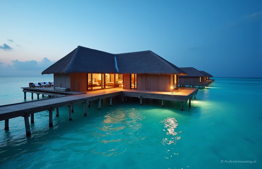 Een serene overwater bungalow op de Malediven, turquoise water, heldere blauwe lucht, romantische verlichting, huwelijksreis sfeer.