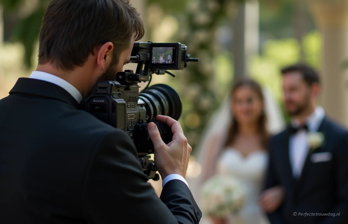 Een professionele videograaf die een bruiloftsceremonie filmt met hoogwaardige apparatuur, waarbij de emoties van het bruidspaar worden vastgelegd.