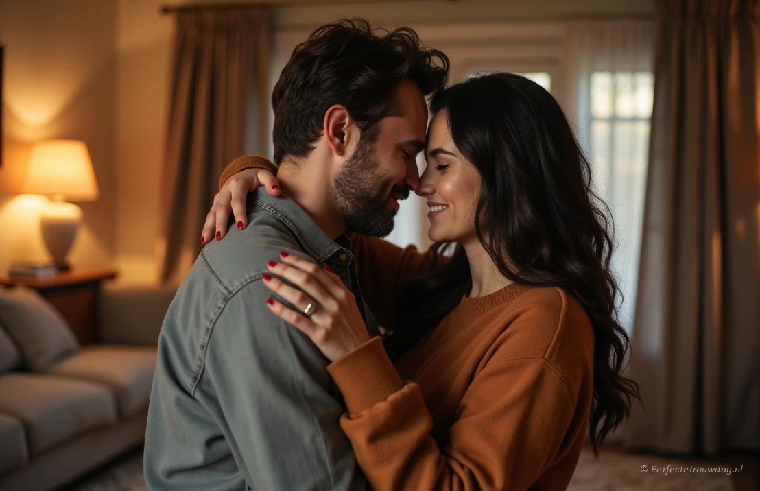 Een koppel omhelst elkaar in een gezellige woonkamer, wat een gevoel van liefde en verbinding creëert.