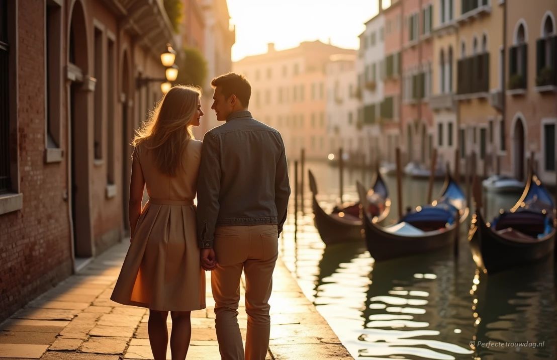 Een romantisch koppel dat langs de kanalen van Venetië, Italië loopt, gondels op de achtergrond, warme en uitnodigende kleuren, geplaveide straten.