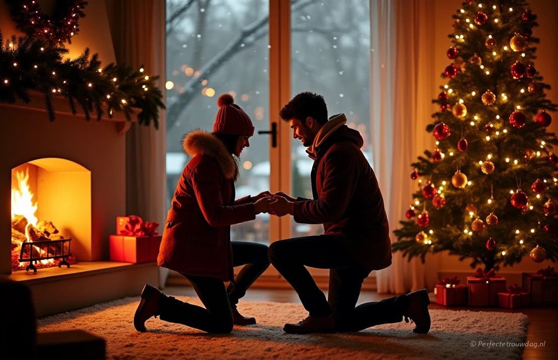 Een warme kerstsfeer met een persoon die een huwelijksaanzoek doet bij de haard, met een versierde kerstboom en vallende sneeuw. Een romantisch moment.