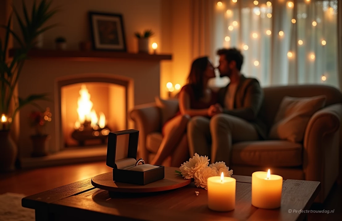 Een gezellige woonkamer met kaarsen, bloemen en een stel dat een intiem moment deelt. Een ringdoos is subtiel zichtbaar.