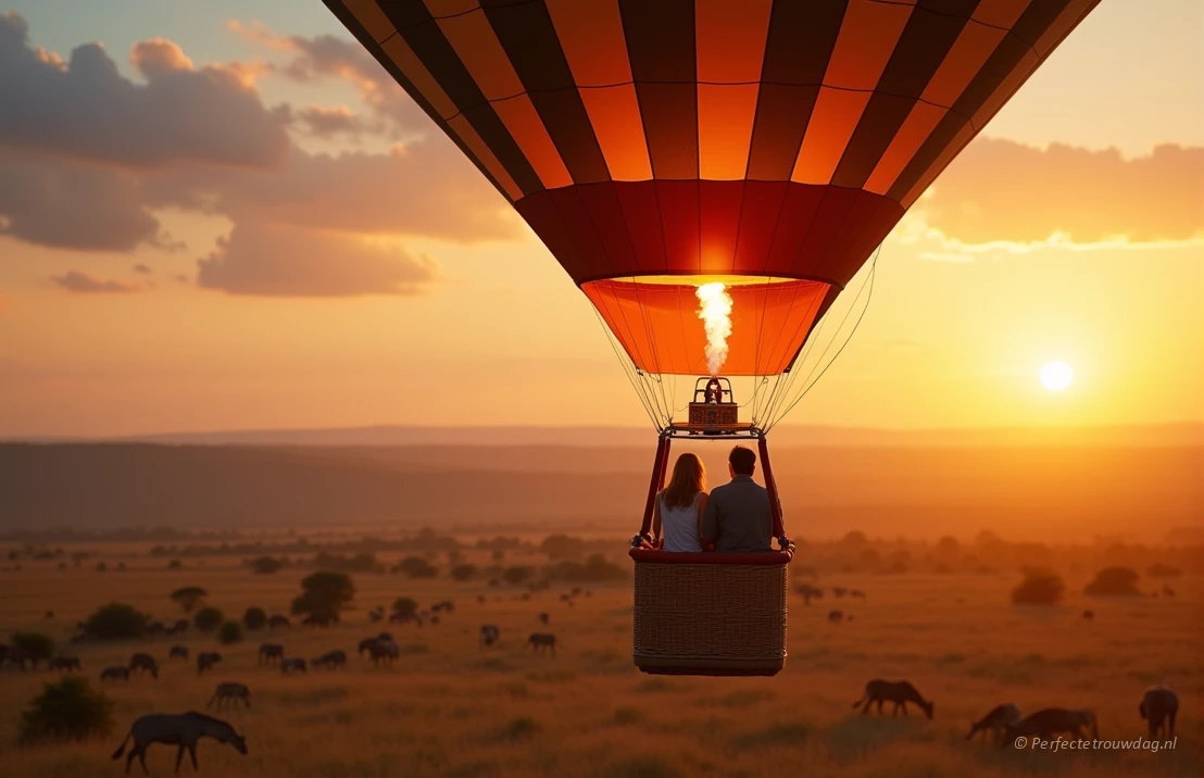 Een stel stapt aan boord van een luchtballon boven de Afrikaanse savanne bij zonsopgang, wilddieren zichtbaar beneden, warme verlichting, avontuur en romantiek.