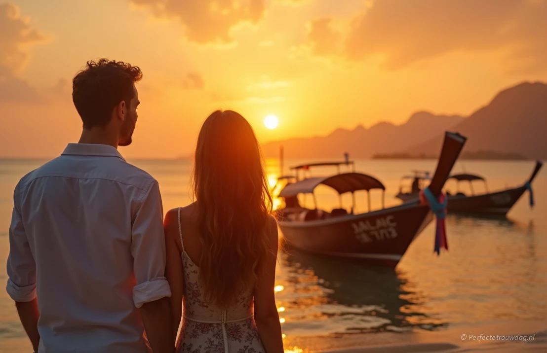 Een jong stel geniet van een zonsondergang op een prachtig strand in Thailand, met een traditionele longtail boot op de achtergrond.