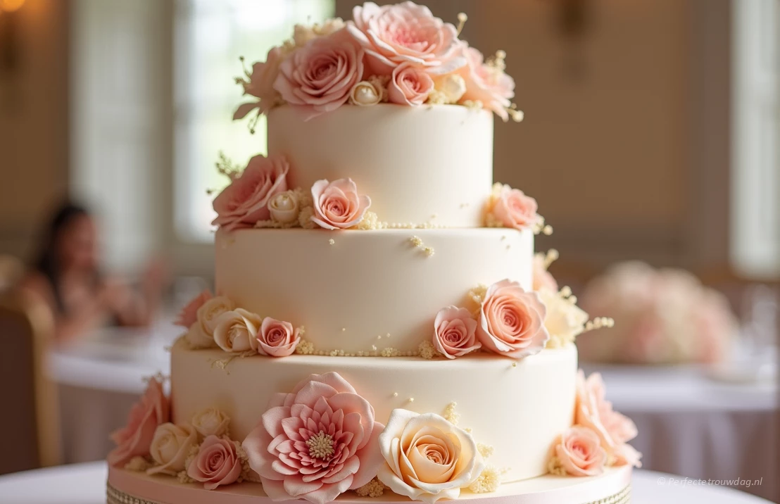 Een prachtige meerlaagse bruidstaart versierd met delicate suikerbloemen in pastelkleuren, tegen een zachte, vage achtergrond van een romantische bruiloftsreceptie.