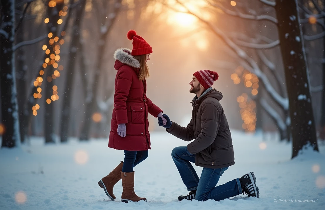 Een magisch winterlandschap met een stel dat hand in hand loopt, waarbij één persoon op knielen gaat om een huwelijksaanzoek te doen.
