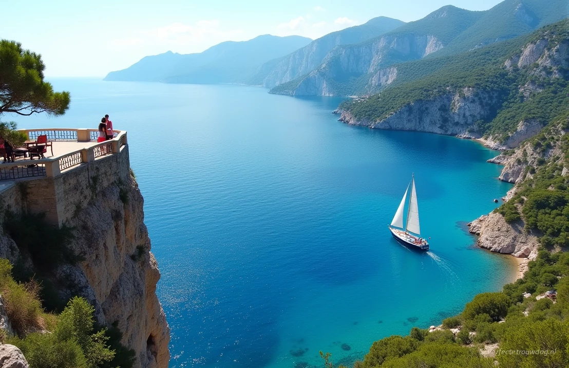 Een adembenemend uitzicht op de Kroatische kustlijn, met een zeilboot die door het heldere blauwe water glijdt, een stel geniet van het uitzicht vanaf een terras op de klif.