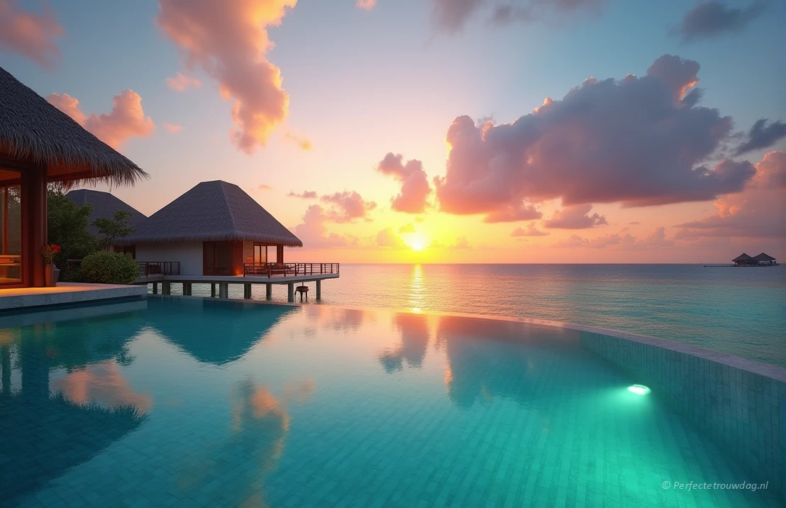 Luxe bungalow boven het water met een privé zwembad en uitzicht op helder turquoise water bij zonsondergang, Malediven, romantische huwelijksreis sfeer.