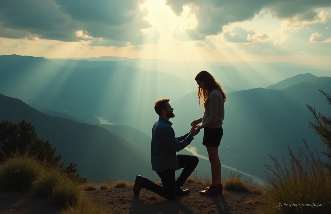 Een stel dat op een mooie uitkijkplek staat, met uitzicht op een prachtig landschap. Eén persoon knielt en biedt een ring aan.