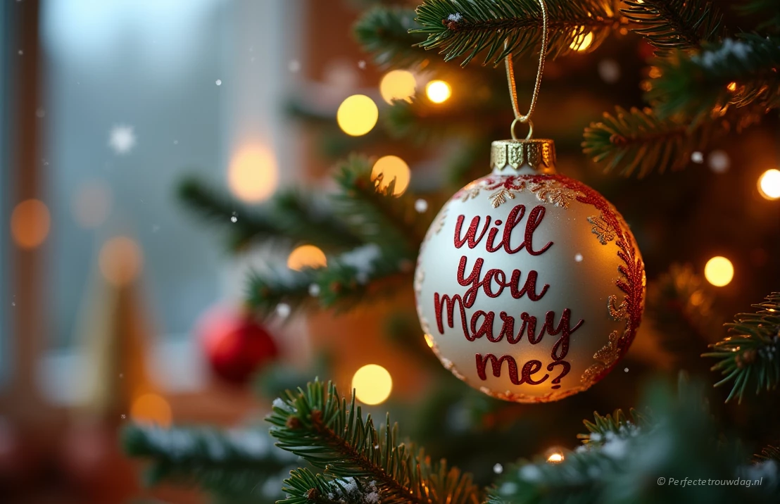 Een prachtig versierde kerstboom met een persoonlijke kerstbal met de tekst 'Wil je met me trouwen?'. Een romantische sfeer en vallende sneeuw.