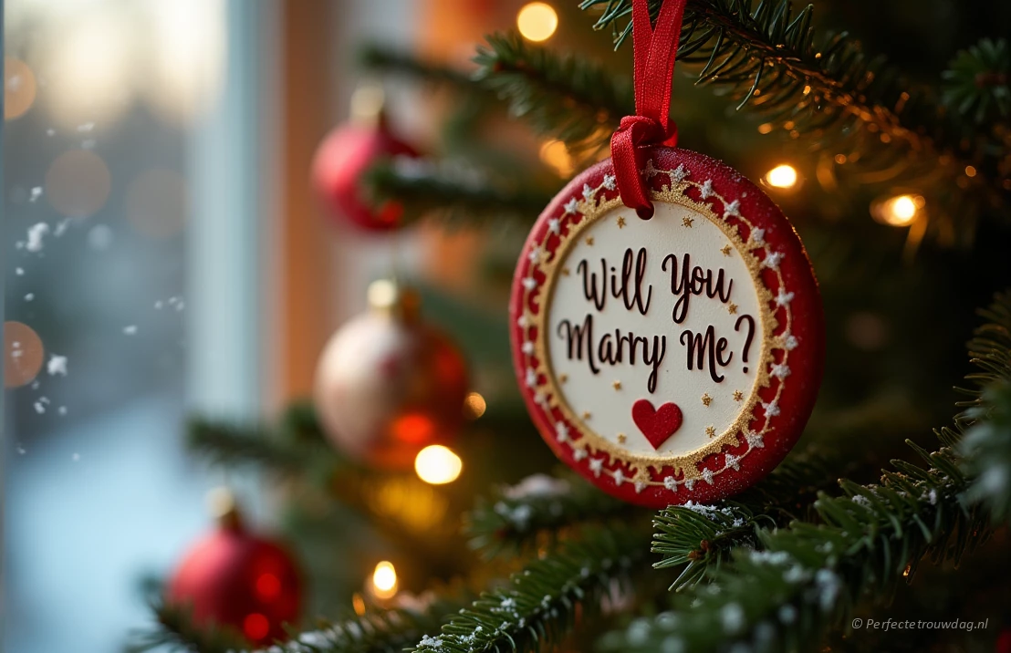 Een prachtig versierde kerstboom met een persoonlijke kerstbal met de tekst 'Wil je met me trouwen?'. Een romantische sfeer en vallende sneeuw.