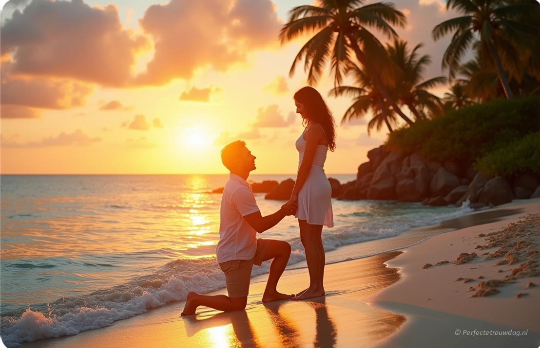 Een romantisch huwelijksaanzoek op een tropisch strand bij zonsondergang, met helderblauw water en palmbomen.