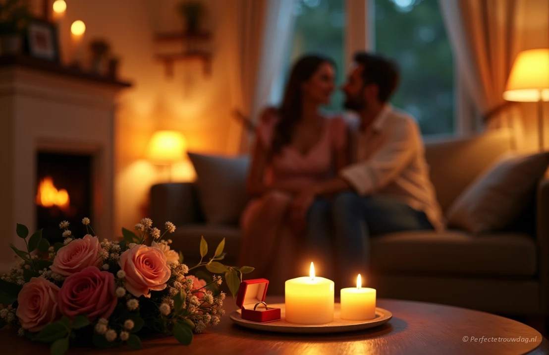 Een gezellige woonkamer met kaarsen, bloemen en een stel dat een intiem moment deelt. Een ringdoos is subtiel zichtbaar.