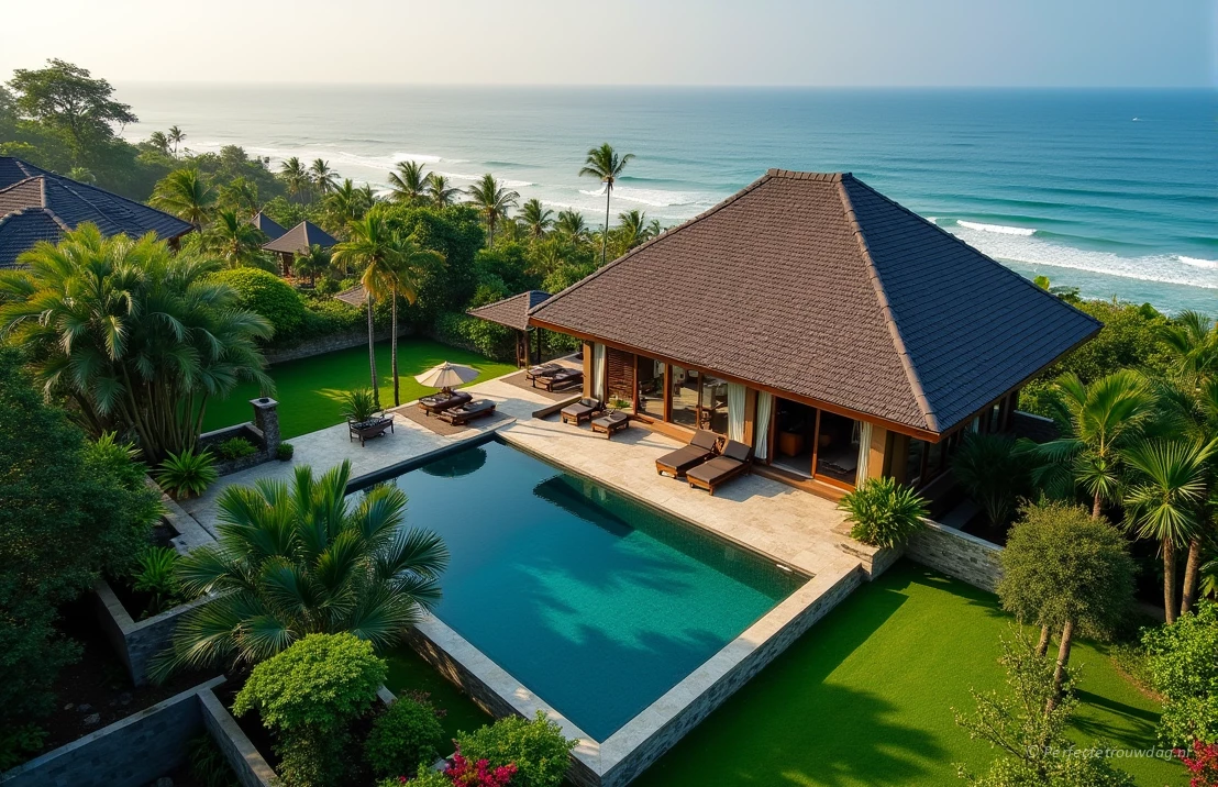 Prachtig luchtaanzicht van een privé villa met weelderige tuinen, een groot zwembad en uitzicht op de oceaan, Bali, luxe huwelijksreisbestemming.