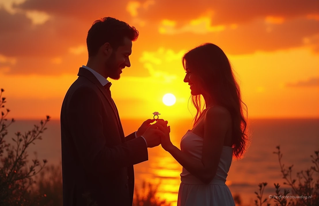 Een romantische scène van een stel in silhouet tegen een prachtige zonsondergang, met een fonkelende ring die wordt aangeboden.