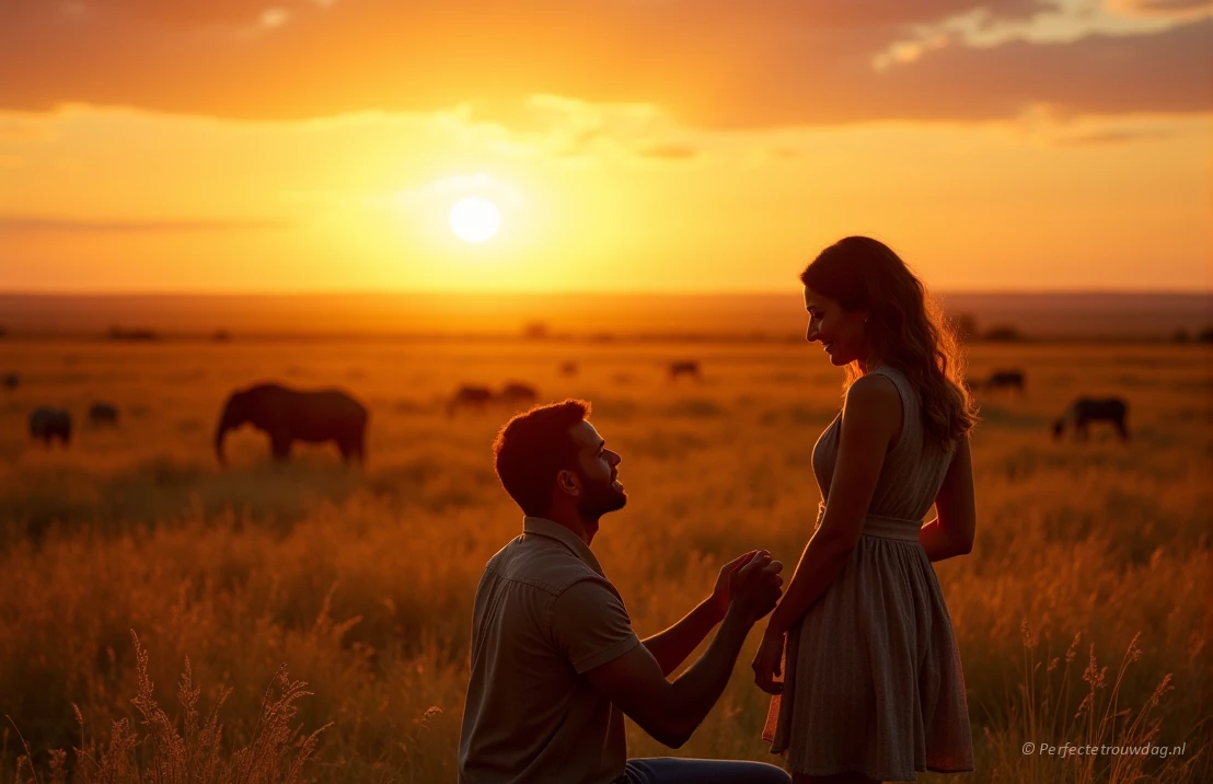 Een romantisch huwelijksaanzoek tijdens een safari in Afrika, met wilde dieren op de achtergrond en een prachtige zonsopgang.