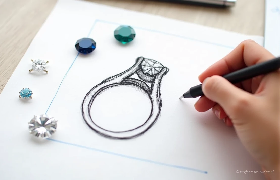 Een hand die een uniek ontwerp voor een verlovingsring schetst, met verschillende edelstenen en settings eromheen.