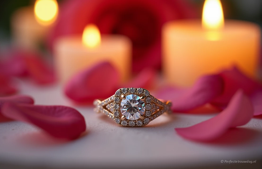 Een close-up van een prachtige verlovingsring met een sprankelende diamant, tegen een wazige achtergrond van romantische kaarsen en rozenblaadjes.