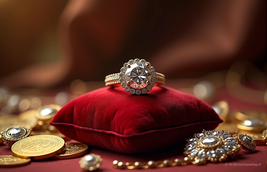 Een luxueuze verlovingsring getoond op een fluwelen kussen, omringd door sprankelende sieraden en gouden munten.
