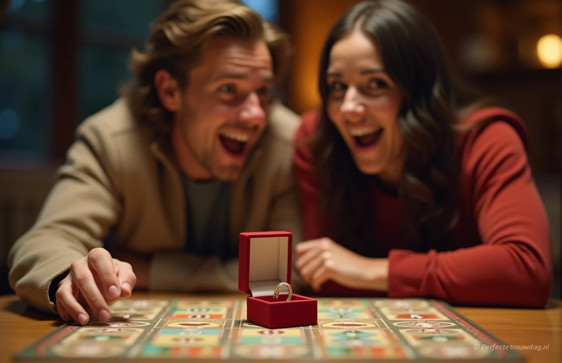 Een speelse scène van een koppel dat een bordspel speelt, er is een ringdoos verstopt in het spel, verbaasde gezichten.