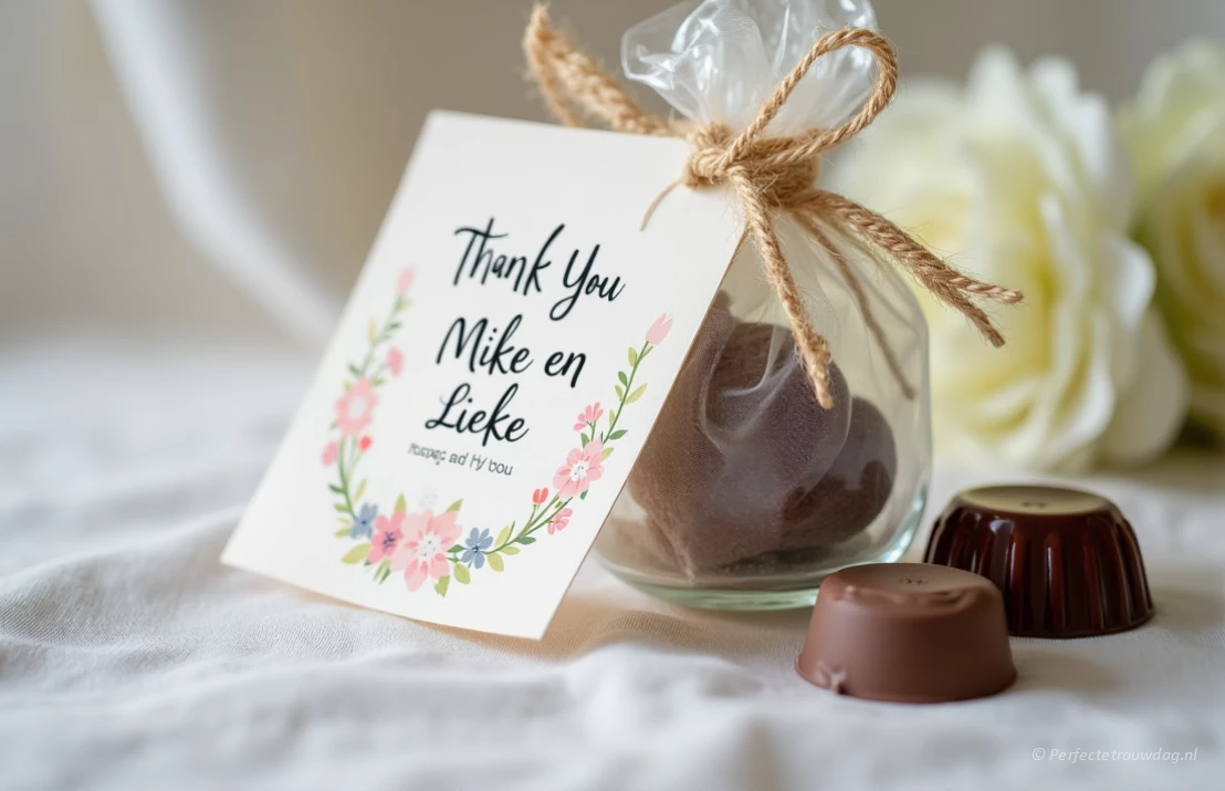 Een klein, gepersonaliseerd cadeautje bij een bruiloftsbedankkaart, zoals een zakje bloemenzaad of een zelfgemaakte lekkernij, mooi gepresenteerd met lint en label, zachte focus.