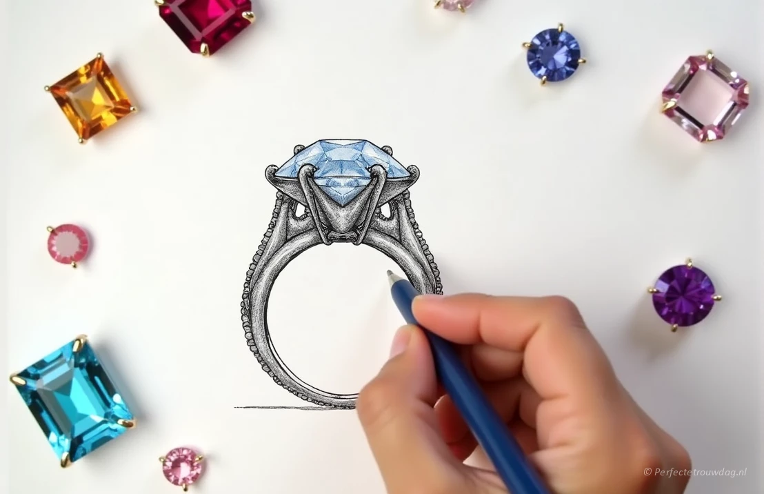 Een hand die een uniek ontwerp voor een verlovingsring schetst, met verschillende edelstenen en settings eromheen.