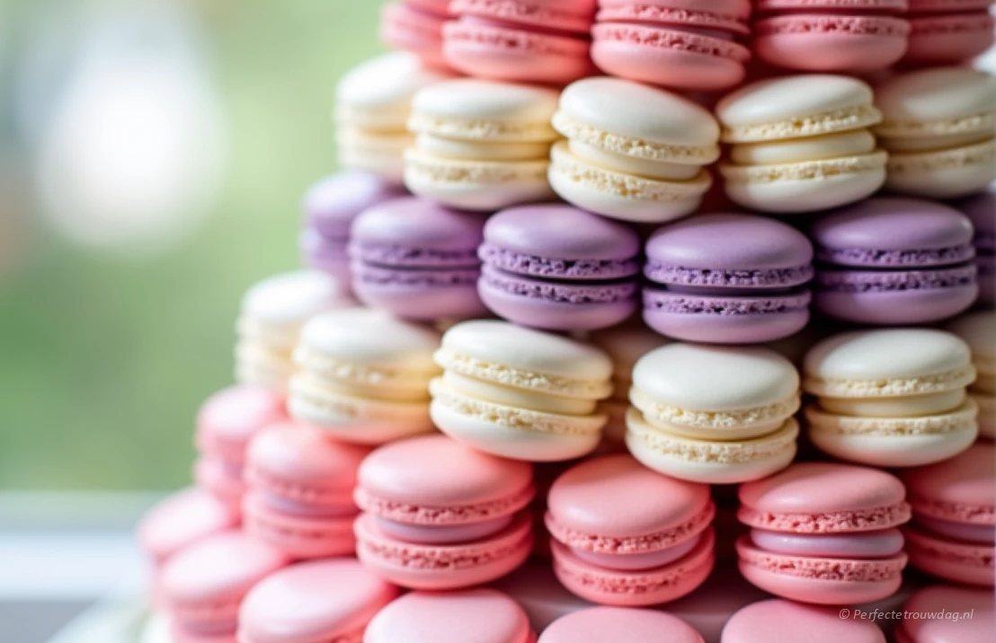 Een toren van kleurrijke macarons gerangschikt als een alternatief voor een traditionele bruidstaart. Verschillende tinten roze, paars en wit. Vrolijke en opgewekte sfeer.
