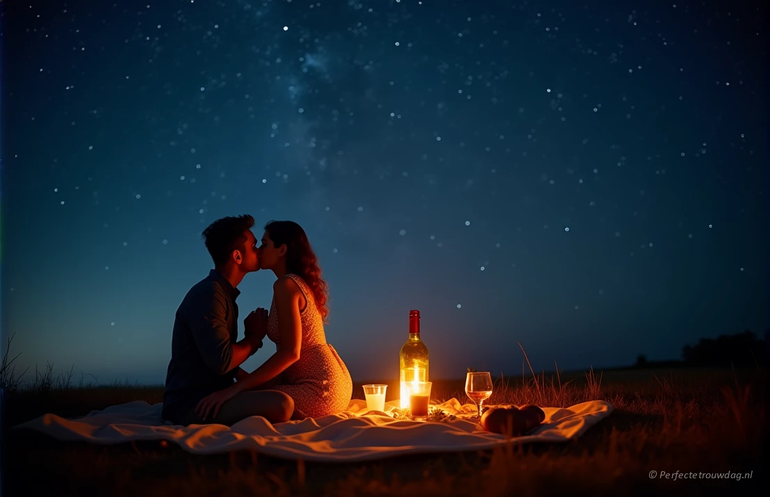 Een romantische picknick onder een sterrenhemel, een koppel is te zien tijdens een huwelijksaanzoek.