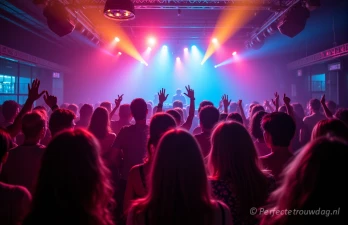 Een bruisende feestscène met een DJ-booth, kleurrijke lichten en mensen die dansen.