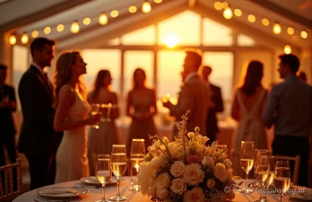 Een levendige bruiloftsreceptie bij zonsondergang, gasten die samenkomen, champagneglazen en elegante bloemstukken.