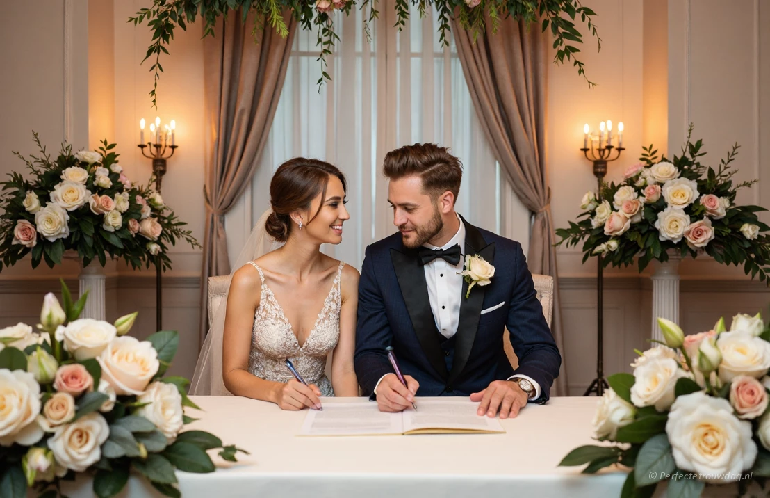 Bruidspaar tekent aan de tafel hun huwelijksakte nadat ze elkaar het jawoord hebben gegeven