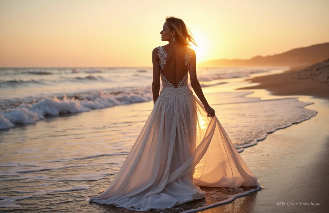 Een bruid die op een strand bij zonsondergang staat, gekleed in een boho-bruidsjurk van chiffon en kant. Gouden uurverlichting, lange belichting om beweging in de stof en golven vast te leggen.